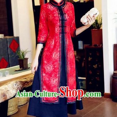Chinese National Costume Handmade Red Qipao Dress Traditional Tang Suit Two-pieces Cheongsam for Women