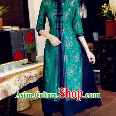 Chinese National Costume Handmade Green Qipao Dress Traditional Tang Suit Two-pieces Cheongsam for Women