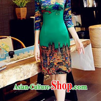 Chinese National Costume Handmade Tang Suit Green Qipao Dress Traditional Velvet Cheongsam for Women