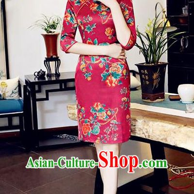 Chinese National Costume Handmade Tang Suit Wine Red Qipao Dress Traditional Printing Flowers Cheongsam for Women