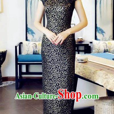 Chinese National Costume Handmade Tang Suit Black Qipao Dress Traditional Long Cheongsam for Women
