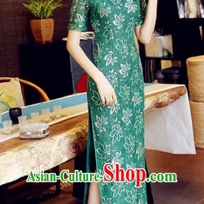 Chinese National Costume Handmade Tang Suit Green Lace Qipao Dress Traditional Long Cheongsam for Women