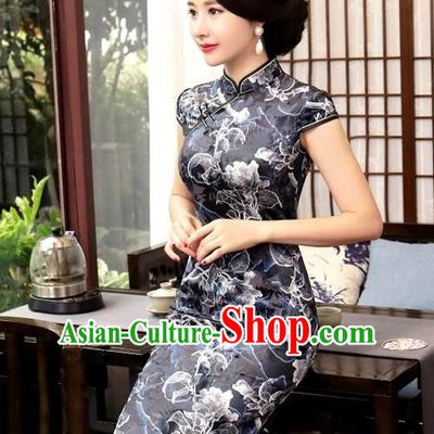 Chinese National Costume Handmade Tang Suit Black Qipao Dress Traditional Printing Flower Cheongsam for Women