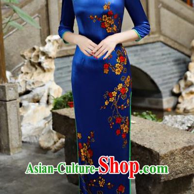 Chinese National Costume Tang Suit Blue Pleuche Qipao Dress Traditional Cheongsam for Women