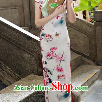 Chinese National Costume Tang Suit Printing Lotus Qipao Dress Traditional Cheongsam for Women