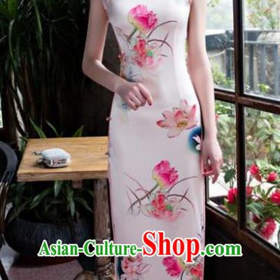 Chinese National Costume Retro Printing Lotus Pink Satin Qipao Dress Traditional Republic of China Tang Suit Cheongsam for Women