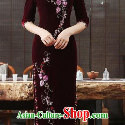 Chinese National Costume Retro Wine Red Velvet Qipao Dress Traditional Republic of China Tang Suit Cheongsam for Women