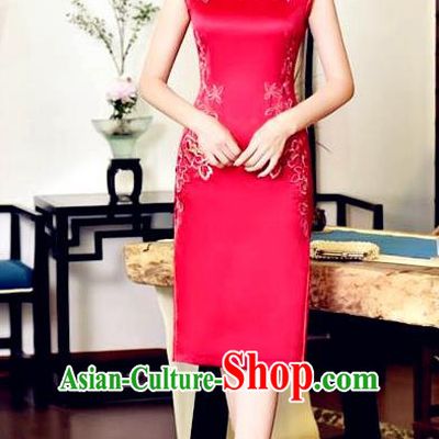 Chinese National Costume Tang Suit Red Silk Qipao Dress Traditional Embroidered Chrysanthemum Cheongsam for Women