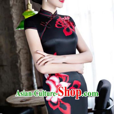 Chinese Top Grade Retro Black Silk Qipao Dress Traditional Republic of China Tang Suit Short Cheongsam for Women
