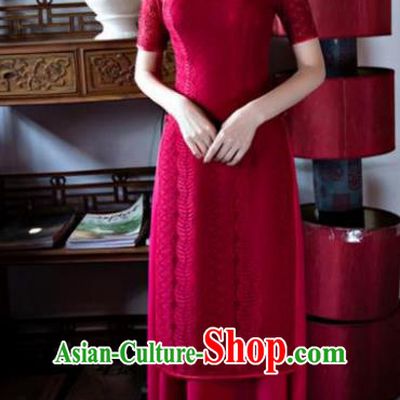 Chinese Top Grade Retro Wine Red Lace Qipao Dress Traditional Republic of China Tang Suit Cheongsam for Women