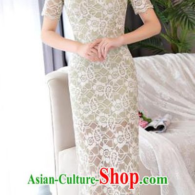 Chinese National Costume Tang Suit Green Lace Qipao Dress Traditional Republic of China Cheongsam for Women