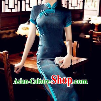 Chinese National Costume Tang Suit Qipao Dress Traditional Republic of China Peacock Green Cheongsam for Women