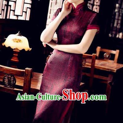 Chinese National Costume Tang Suit Qipao Dress Traditional Republic of China Wine Red Cheongsam for Women