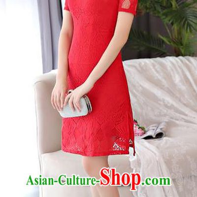 Chinese National Costume Tang Suit Red Lace Qipao Dress Traditional Republic of China Cheongsam for Women