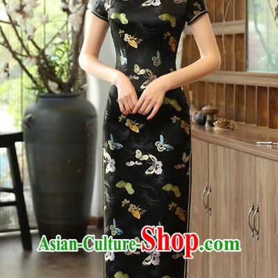 Chinese National Costume Tang Suit Qipao Dress Traditional Republic of China Black Brocade Cheongsam for Women