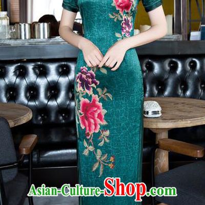Chinese National Costume Tang Suit Green Qipao Dress Traditional Republic of China Printing Peony Cheongsam for Women