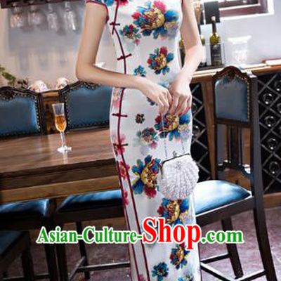 Chinese National Costume Tang Suit White Qipao Dress Traditional Republic of China Printing Flowers Cheongsam for Women