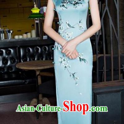 Chinese National Costume Tang Suit Plum Blossom Qipao Dress Traditional Republic of China Blue Silk Cheongsam for Women