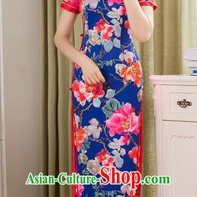 Chinese National Costume Tang Suit Blue Qipao Dress Traditional Republic of China Printing Peony Flowers Cheongsam for Women