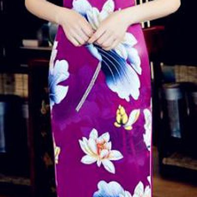 Chinese National Costume Tang Suit Printing Lotus Qipao Dress Traditional Republic of China Purple Silk Cheongsam for Women