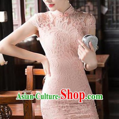 Chinese National Costume Tang Suit Qipao Dress Traditional Republic of China Pink Lace Cheongsam for Women