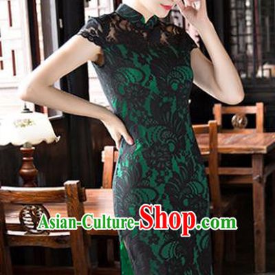 Chinese National Costume Tang Suit Qipao Dress Traditional Republic of China Black Lace Cheongsam for Women