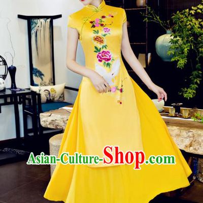 Chinese National Costume Tang Suit Printing Crane Peony Qipao Dress Traditional Republic of China Yellow Silk Cheongsam for Women