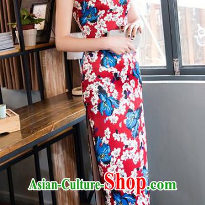 Chinese National Costume Retro Printing Red Qipao Dress Traditional Republic of China Tang Suit Cheongsam for Women