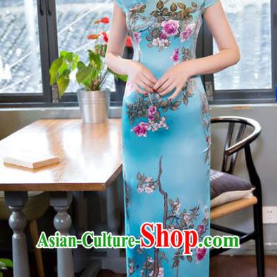 Chinese National Costume Retro Printing Blue Qipao Dress Traditional Republic of China Tang Suit Cheongsam for Women