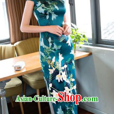 Chinese National Costume Retro Printing Green Satin Qipao Dress Traditional Republic of China Tang Suit Cheongsam for Women