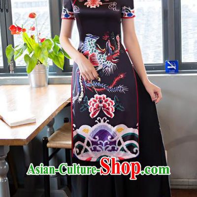 Chinese National Costume Retro Printing Phoenix Peony Black Qipao Dress Traditional Republic of China Tang Suit Cheongsam for Women