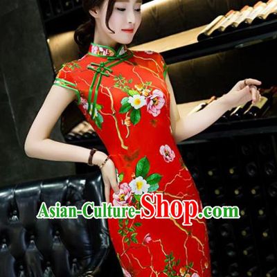 Chinese Top Grade Retro Printing Red Short Qipao Dress Traditional Republic of China Tang Suit Cheongsam for Women