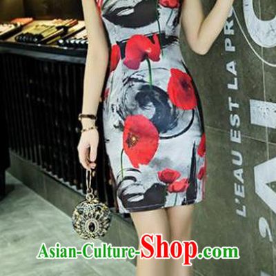 Chinese Top Grade Retro Printing Grey Short Qipao Dress Traditional Republic of China Tang Suit Cheongsam for Women