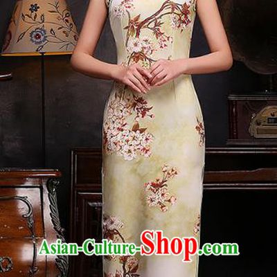 Chinese Top Grade Retro Printing Yellow Qipao Dress Traditional Republic of China Tang Suit Cheongsam for Women