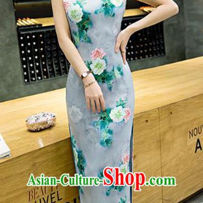 Chinese Top Grade Retro Printing Flowers Green Qipao Dress Traditional Republic of China Tang Suit Cheongsam for Women