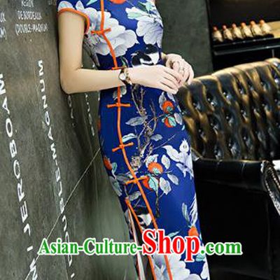 Chinese Top Grade Retro Printing Flowers Royalblue Qipao Dress Traditional Republic of China Tang Suit Cheongsam for Women