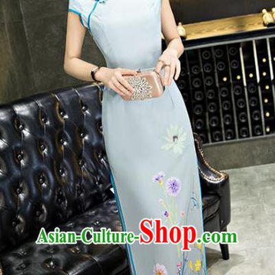 Chinese Top Grade Retro Printing Dandelion Blue Silk Qipao Dress Traditional Republic of China Tang Suit Cheongsam for Women