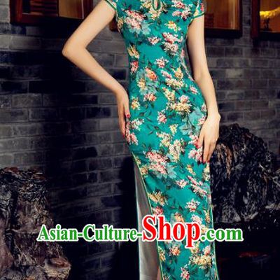 Chinese Top Grade Retro Green Silk Qipao Dress Traditional Republic of China Tang Suit Cheongsam for Women