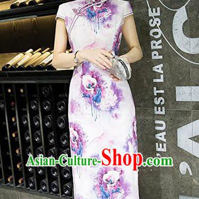 Chinese Top Grade Retro Printing Lily Flowers Purple Silk Qipao Dress Traditional Republic of China Tang Suit Cheongsam for Women