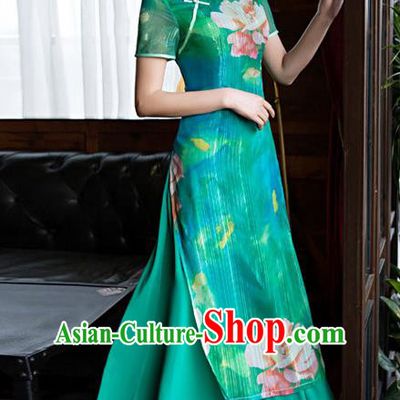 Chinese Top Grade Retro Printing Lotus Green Qipao Dress Traditional Republic of China Tang Suit Cheongsam for Women