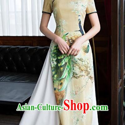 Chinese Top Grade Retro Printing Peacock Yellow Qipao Dress Traditional Republic of China Tang Suit Cheongsam for Women