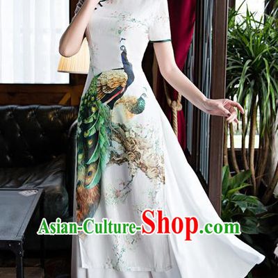 Chinese Top Grade Retro Printing Peacock White Qipao Dress Traditional Republic of China Tang Suit Cheongsam for Women