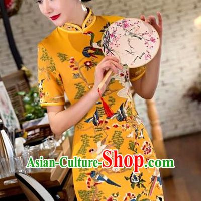 Chinese Top Grade Elegant Printing Crane Qipao Dress Traditional Republic of China Tang Suit Yellow Cheongsam for Women