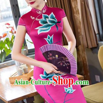 Chinese Top Grade Elegant Rosy Silk Qipao Dress Traditional Republic of China Tang Suit Printing Lotus Cheongsam for Women