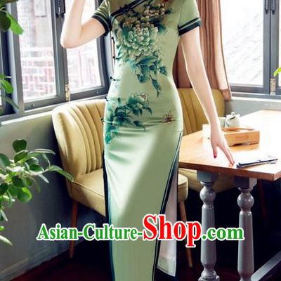 Top Grade Chinese Elegant Printing Peony Green Cheongsam Traditional Republic of China Tang Suit Silk Qipao Dress for Women