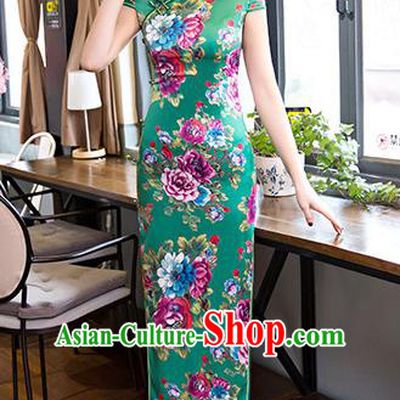 Top Grade Chinese Elegant Printing Flowers Green Cheongsam Traditional Republic of China Tang Suit Silk Qipao Dress for Women