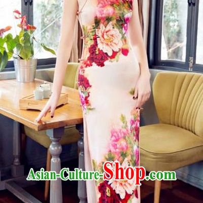 Top Grade Chinese Elegant Printing Peony Cheongsam Traditional Republic of China Tang Suit Silk Qipao Dress for Women