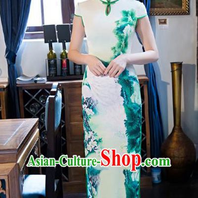 Top Grade Chinese Elegant Printing Peony Green Cheongsam Traditional Republic of China Tang Suit Silk Qipao Dress for Women