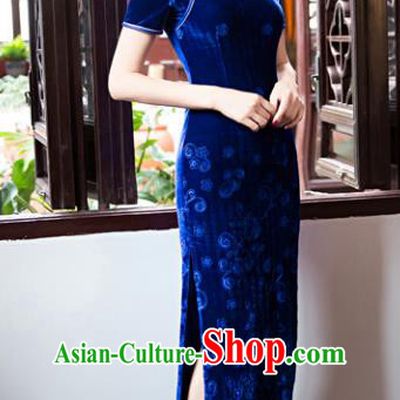 Top Grade Chinese Elegant Cheongsam Traditional China Tang Suit Blue Velvet Qipao Dress for Women