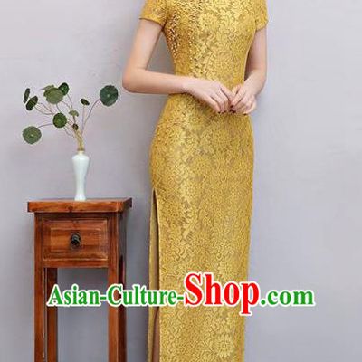 Top Grade Chinese Elegant Yellow Lace Cheongsam Traditional China Tang Suit Qipao Dress for Women